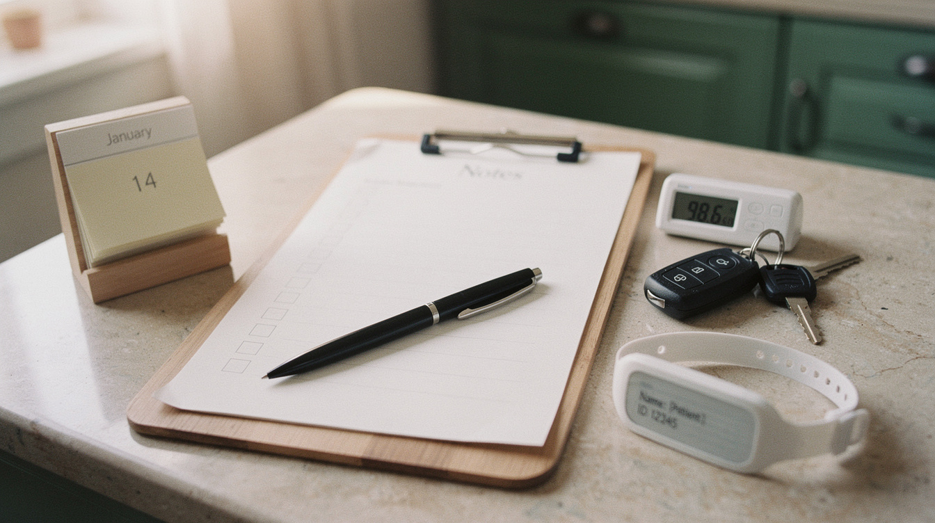 A wooden clipboard holding a blank checklist sheet with a pen resting on it, beside a small blank tear-off desk calendar, a digital thermometer, a set of car keys, and a plain white hospital-style wristband, arranged on a kitchen counter in soft morning light