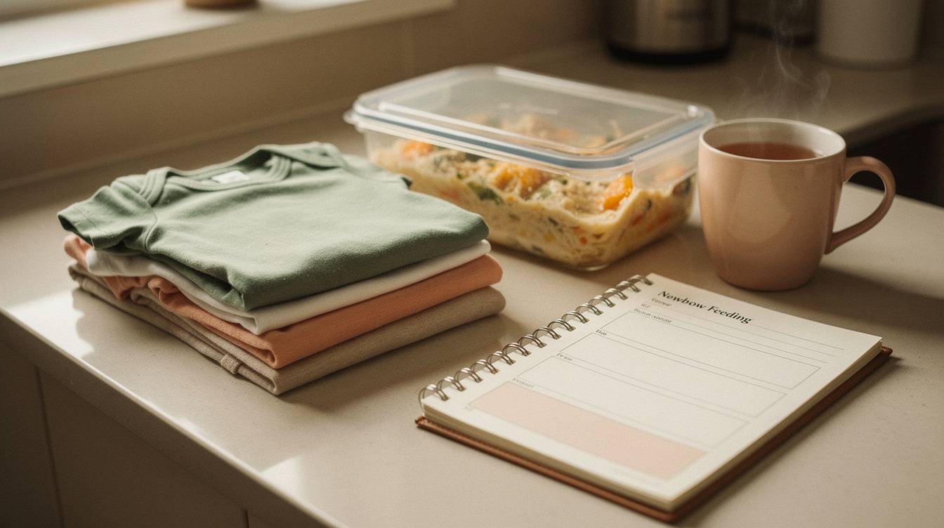A folded stack of clean baby onesies on a kitchen counter beside a homemade meal in a glass storage container, a steaming mug of tea, and a spiral-bound newborn feeding log open to a filled-in page