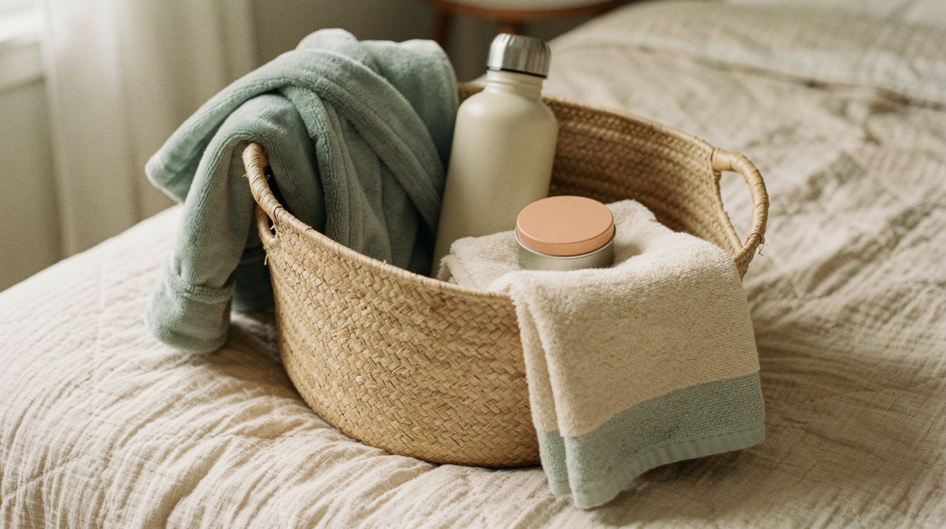 A woven basket packed with a cozy robe, a water bottle, a tin of balm and soft folded towels resting on a made bed