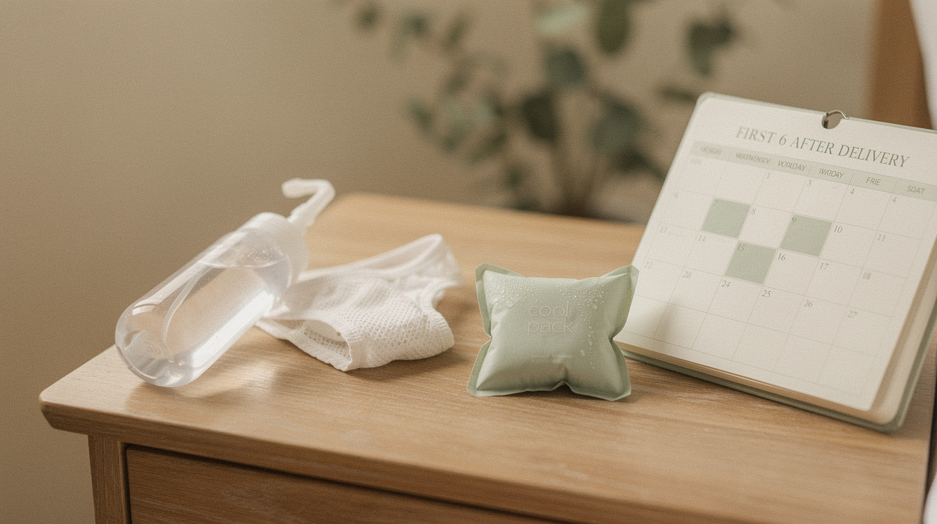 A peri bottle, a folded pair of mesh postpartum underwear, and a small ice pack laid on a wooden nightstand beside an open wall calendar with the first six weeks after delivery circled, in soft morning light