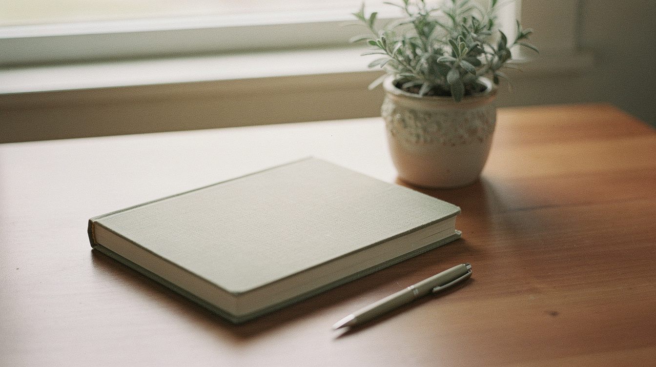 A neat pregnancy planning desk with a closed planner, a pen and a small potted plant in soft daylight