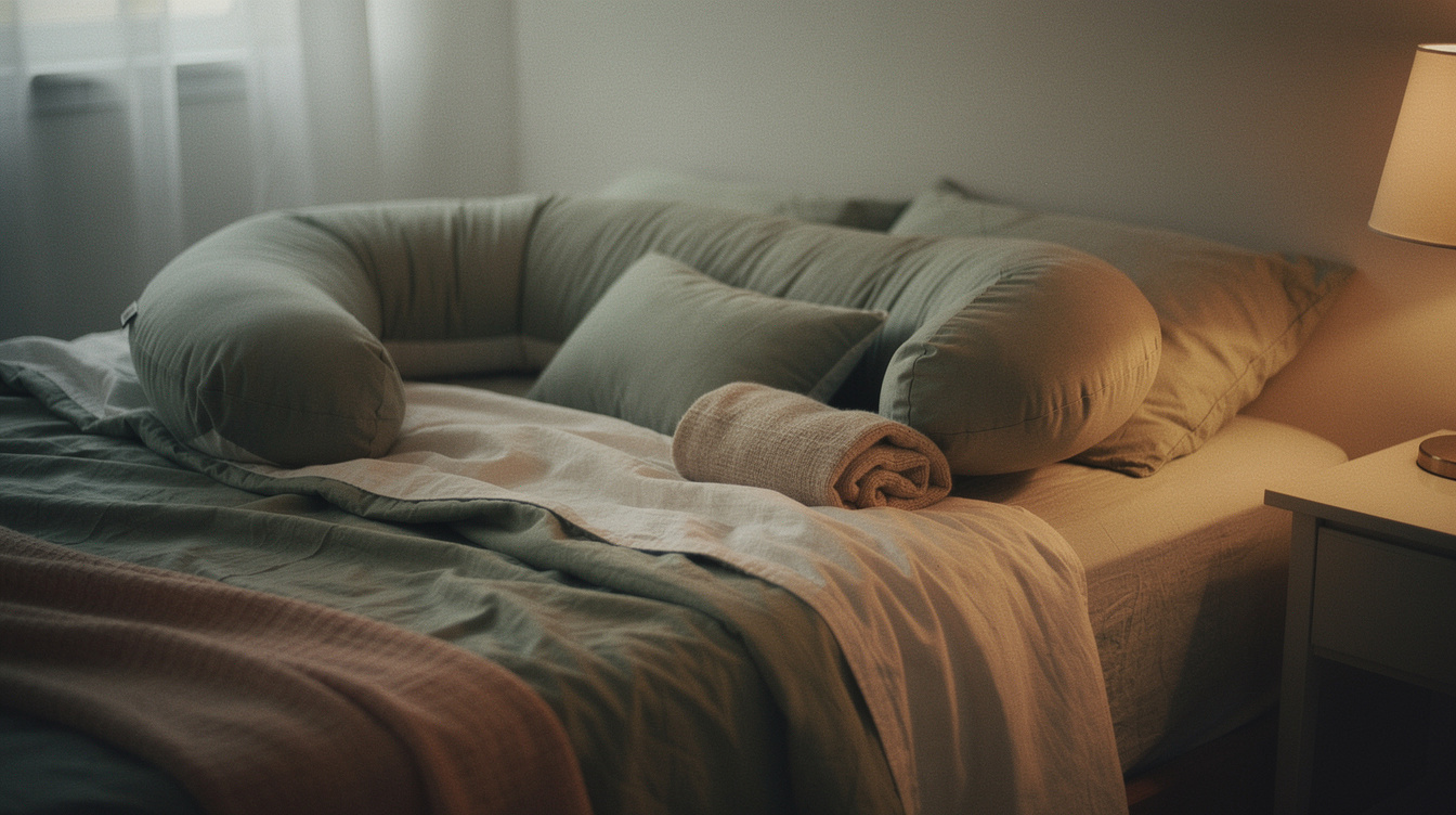 A full-length U-shaped pregnancy body pillow curled along the left side of an unmade bed, with a small wedge pillow and a rolled blanket tucked beside it and the sheets turned back, lit by a single bedside lamp in the early dark