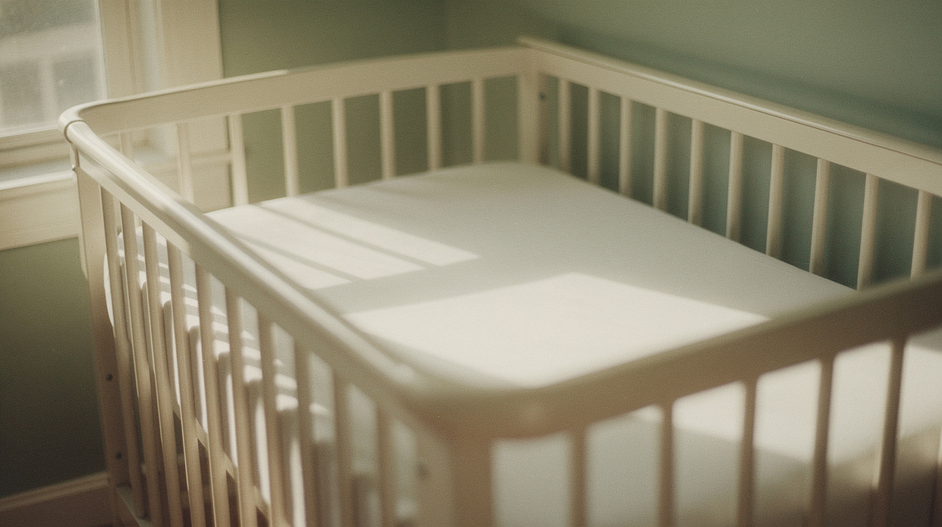 A completely bare crib with nothing inside but a taut fitted sheet, beside a window in soft daylight