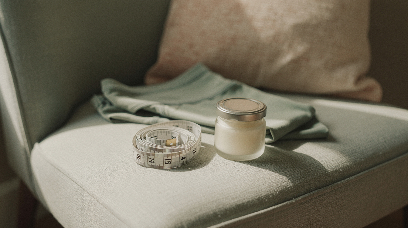 A soft tape measure, a jar of belly balm and folded stretchy maternity leggings on a bedroom chair in daylight