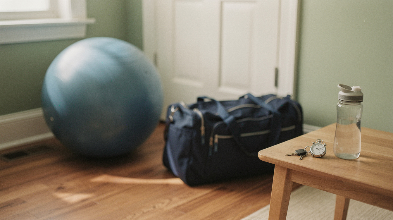 A large blue birth ball beside a packed navy hospital duffel bag by a front door, with car keys, a silver stopwatch and a water bottle set on a low wooden bench, in early-morning light