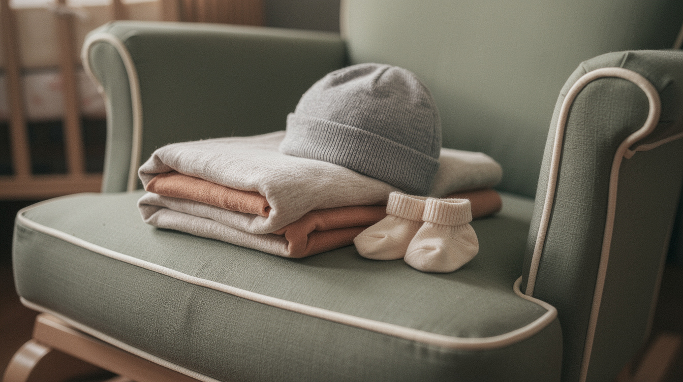 A soft gray knit newborn hat, a folded stretchy cotton baby wrap, and a pair of tiny socks resting on the padded arm of a nursery rocking chair, in warm late-afternoon light