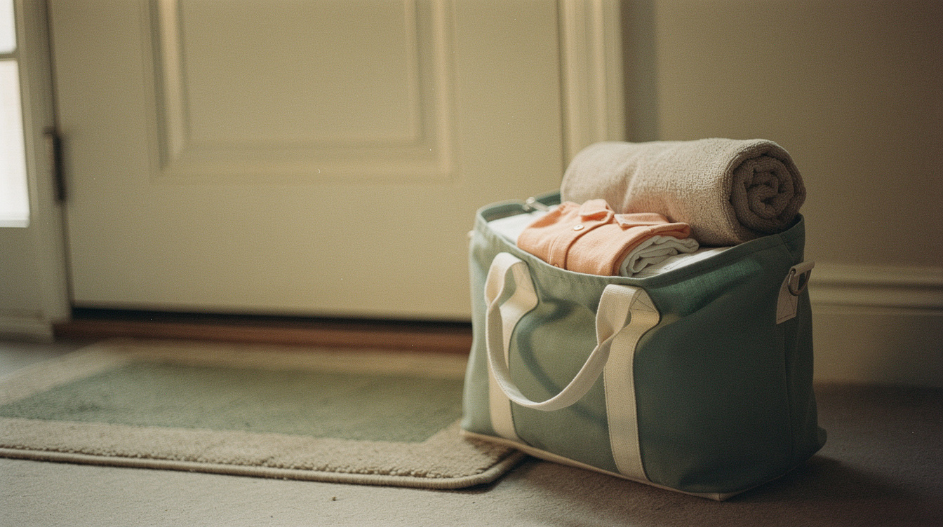 A packed hospital bag standing open by the front door with a rolled towel and a folded going-home outfit inside, late afternoon light