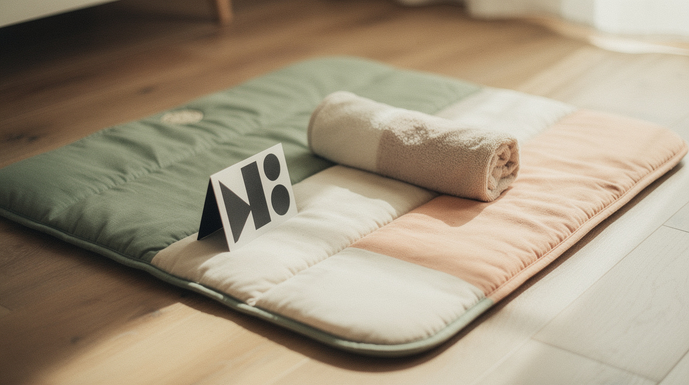 A padded play mat on a wood floor with a small rolled towel bolster and a high-contrast black-and-white card propped upright, morning light