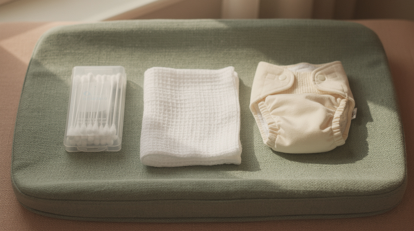 A pack of sterile cotton swabs, a folded gauze square and a newborn diaper with its waistband folded down, laid out on a changing pad
