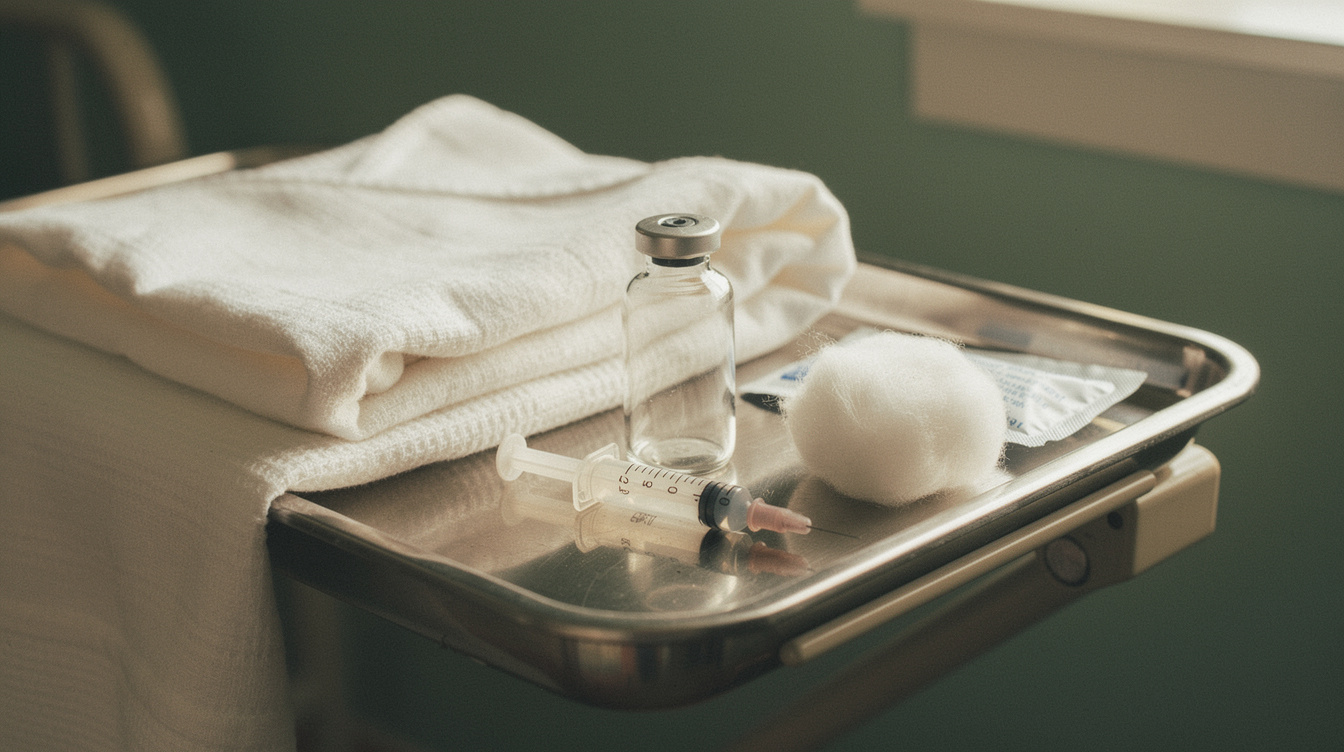 A small unlabeled clear glass medicine vial, a short-needled infant syringe, a foil-wrapped alcohol prep pad and a single cotton ball arranged on a stainless steel hospital tray beside a folded white receiving blanket, cool clinical light