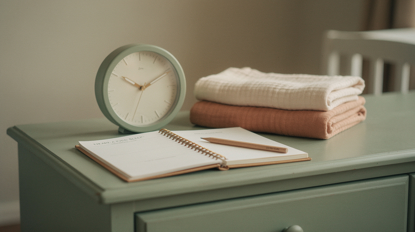 A small round wall clock resting on a nursery dresser beside a folded muslin swaddle blanket and an open spiral-bound feed-and-sleep log with a pencil across it, in soft morning light