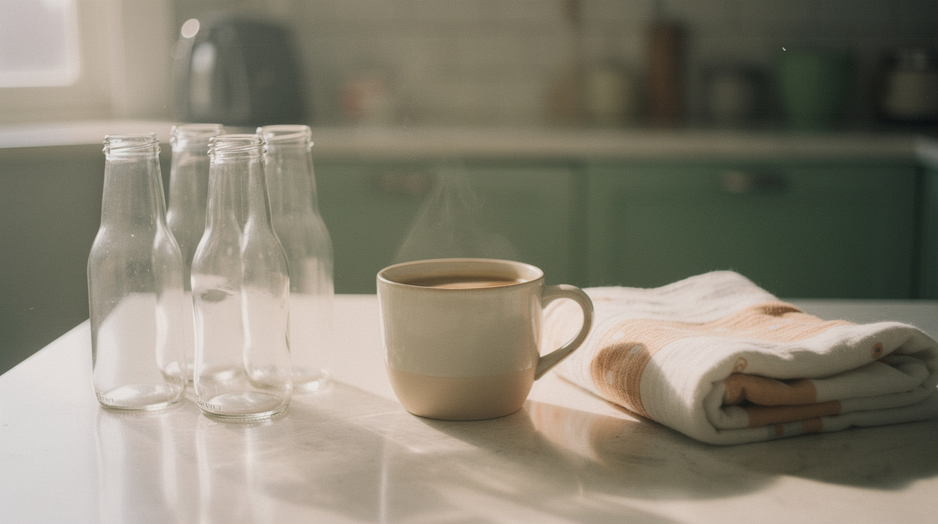 A kitchen counter in early morning with a half-drunk mug of coffee, a stack of clean bottles and a folded swaddle blanket