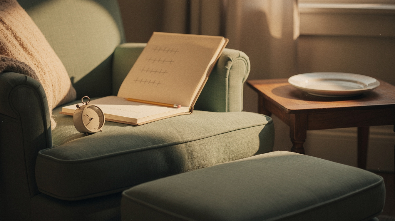 A cushioned armchair with a footstool pulled up to it, an open notebook showing a column of pencil tally marks, a pencil and a small round kitchen timer resting on the armrest, and an empty dinner plate on the side table beside it, in warm evening lamplight
