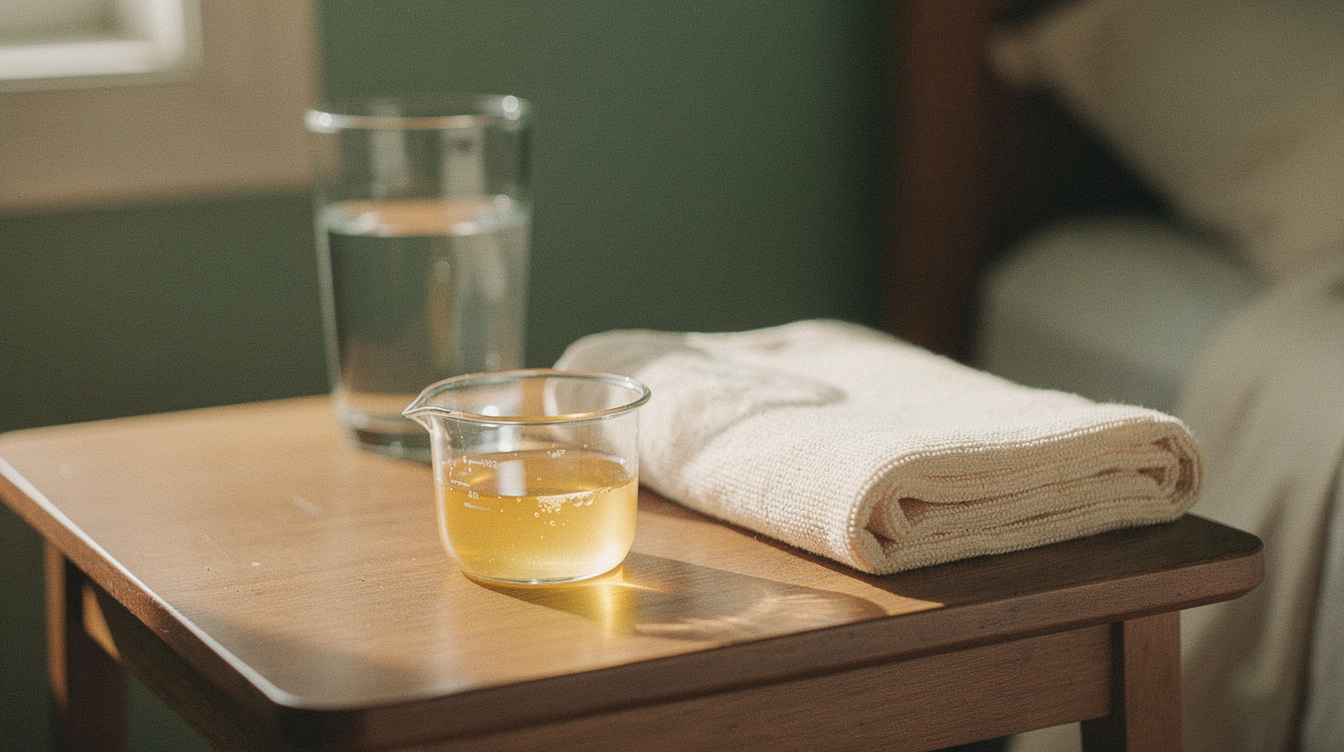 A small hand-expression collection cup with a few drops of golden colostrum inside, resting beside a folded warm washcloth and a glass of water on a bedside table in soft morning light