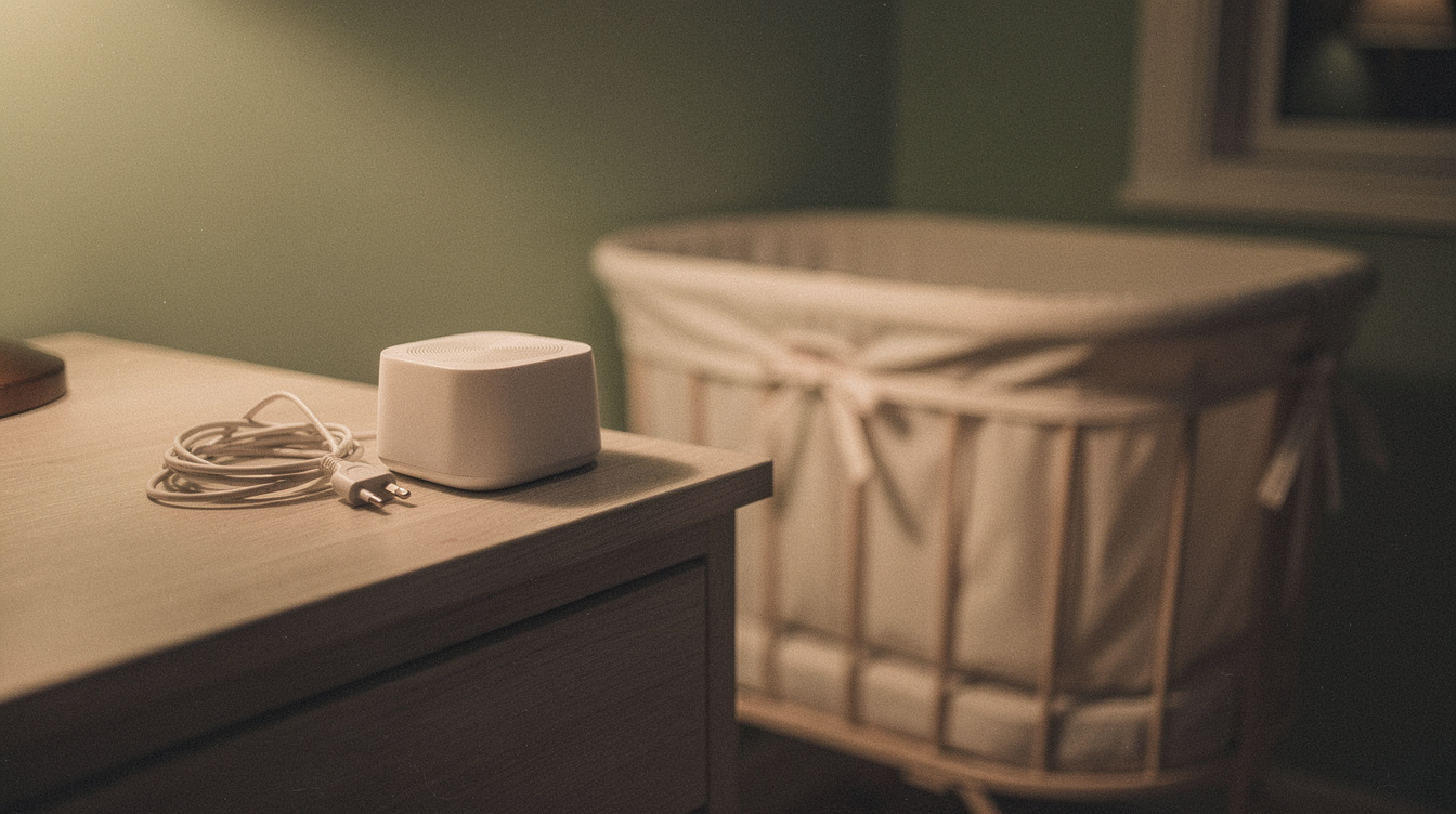 A small portable white noise sound machine on a dresser shelf across the room from an empty bassinet, its power cord loosely coiled on the shelf beside it, in dim nighttime lamplight
